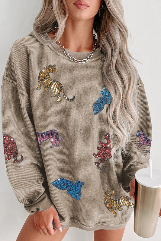 Animal Sequin Dropped Shoulder Sweatshirt - Babbazon sweatshirt