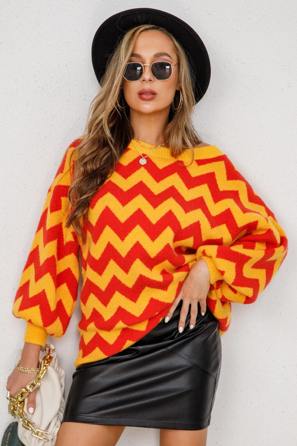 Chevron Lantern Sleeve Tunic Sweater 