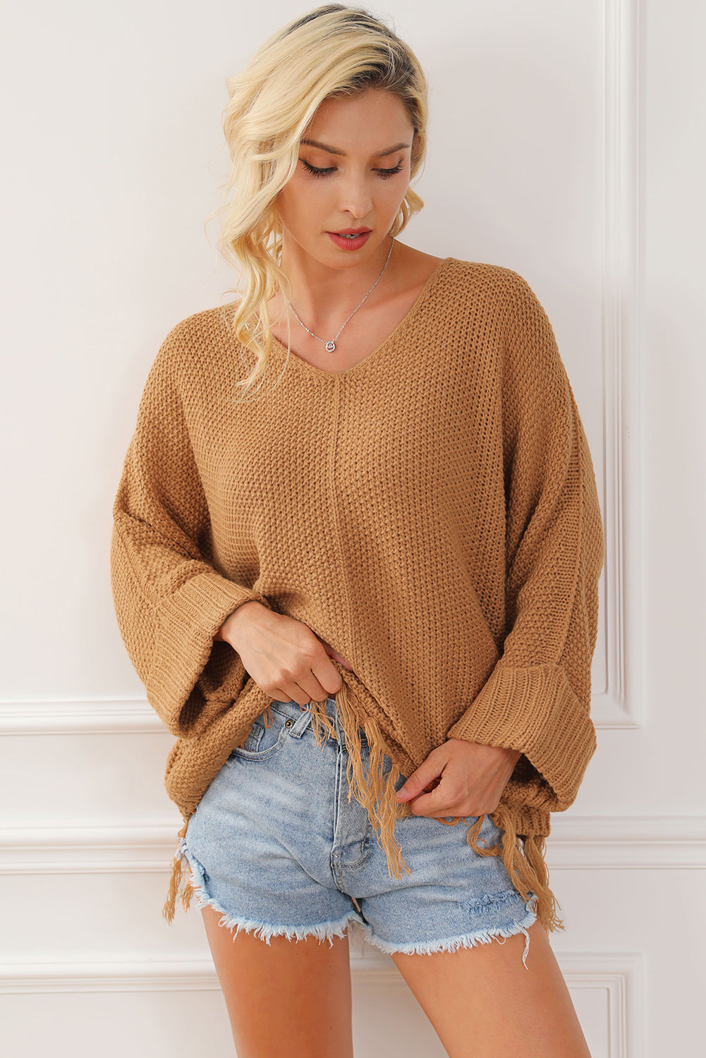 Fringe V-Neck Long Sleeve Sweater 