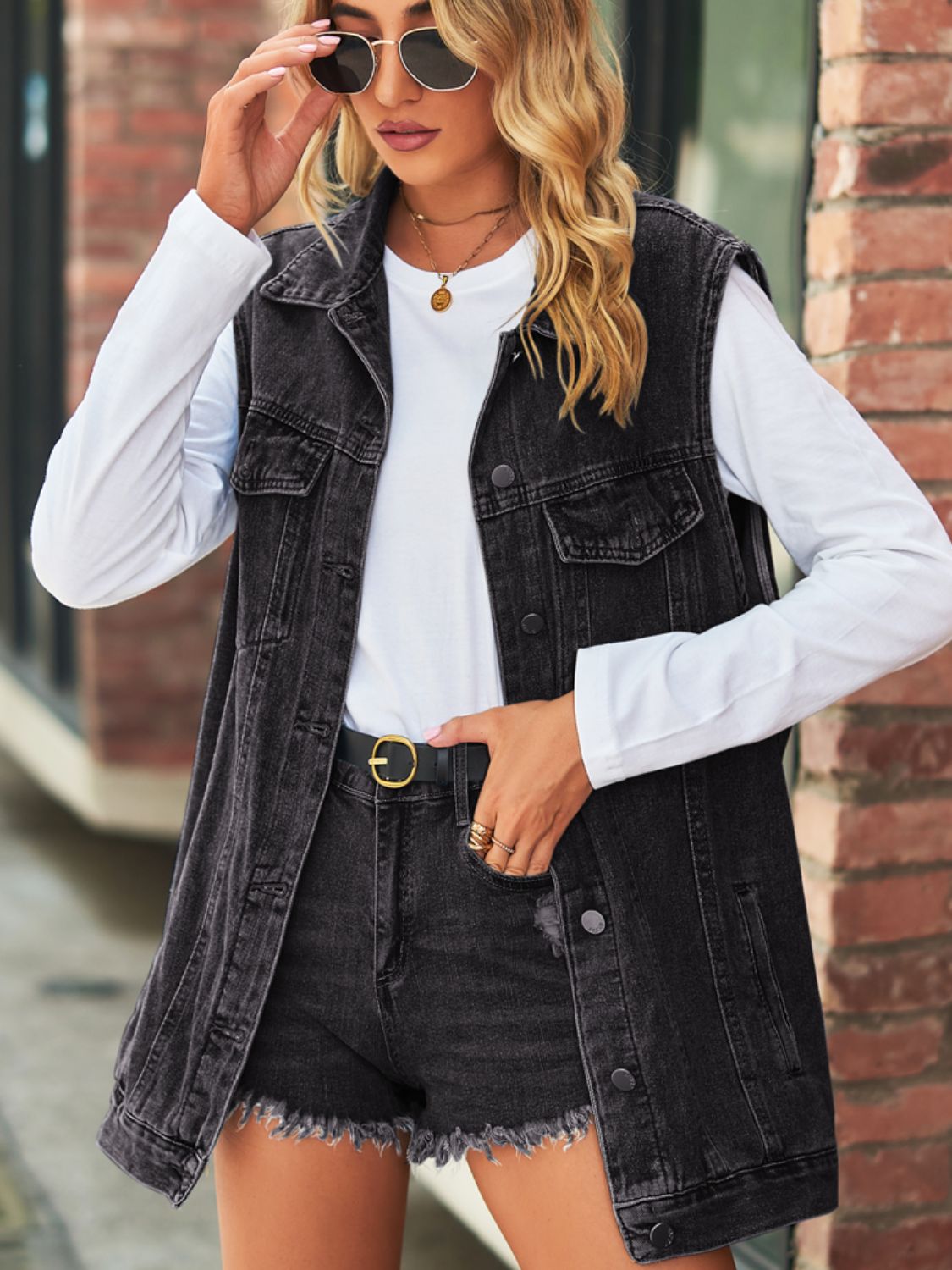 Collared Neck Sleeveless Denim Top with Pockets 