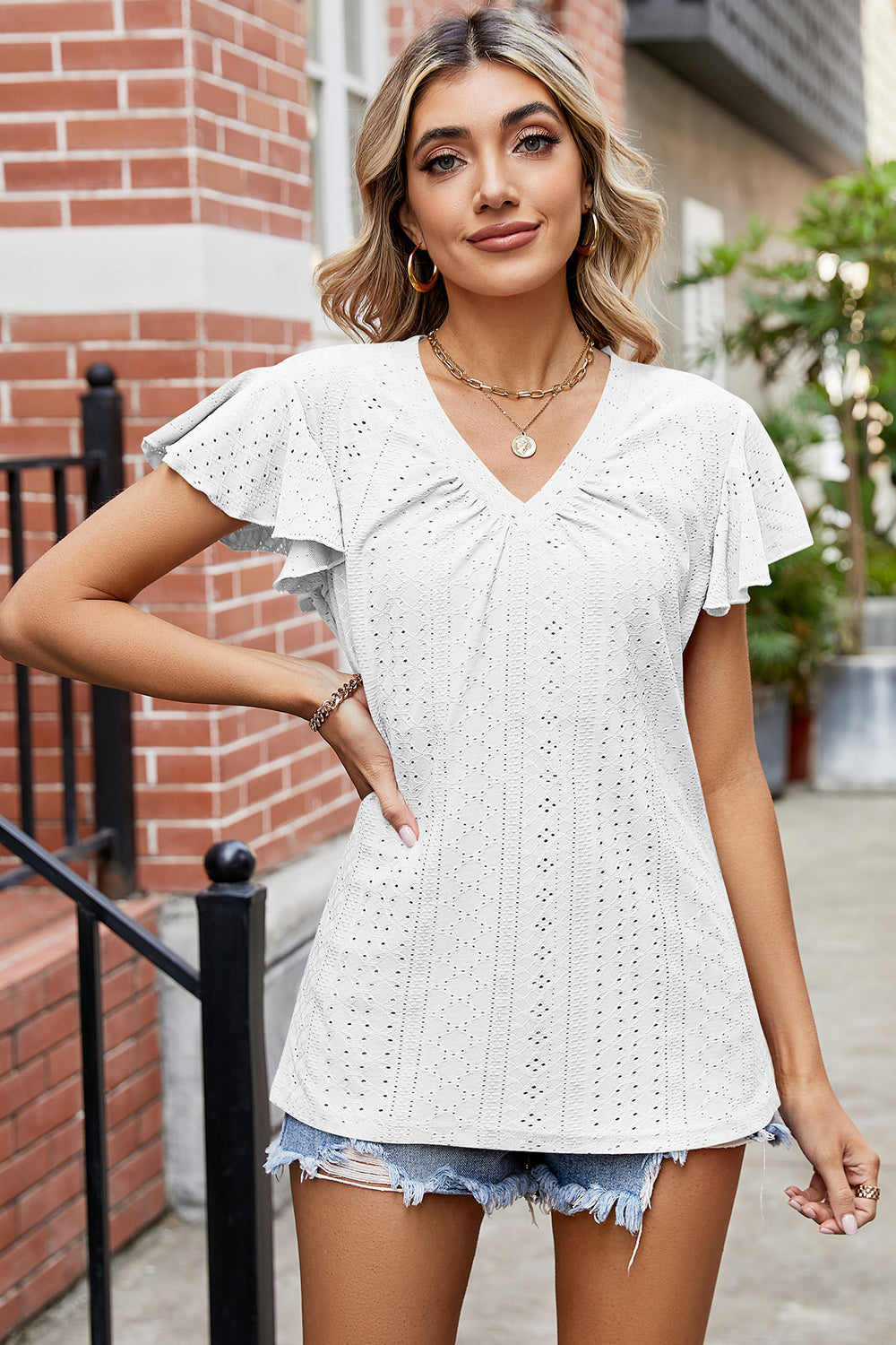 Eyelet V-Neck Flutter Sleeve T-Shirt 