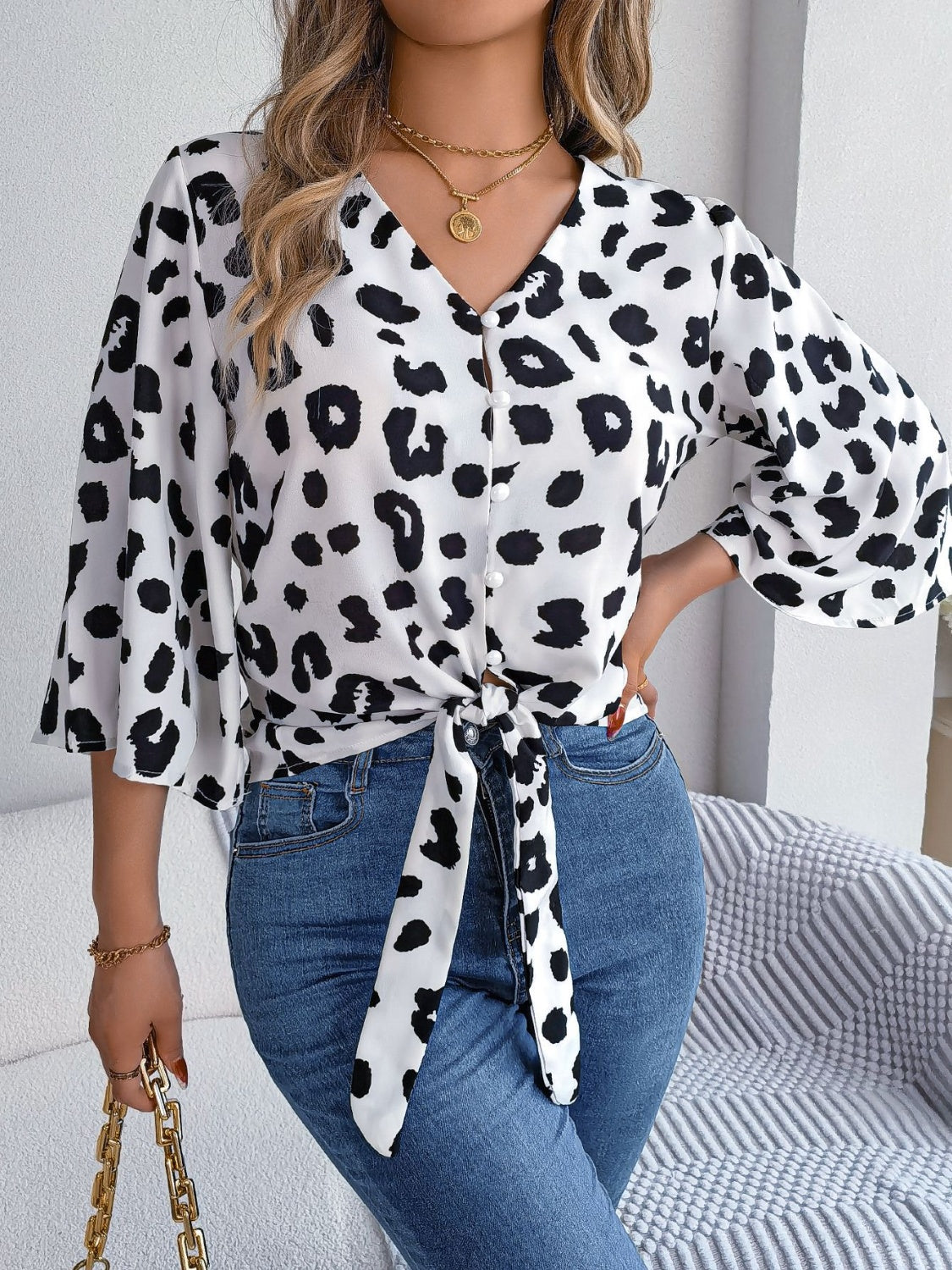 Tied Button Up Leopard V-Neck Blouse 