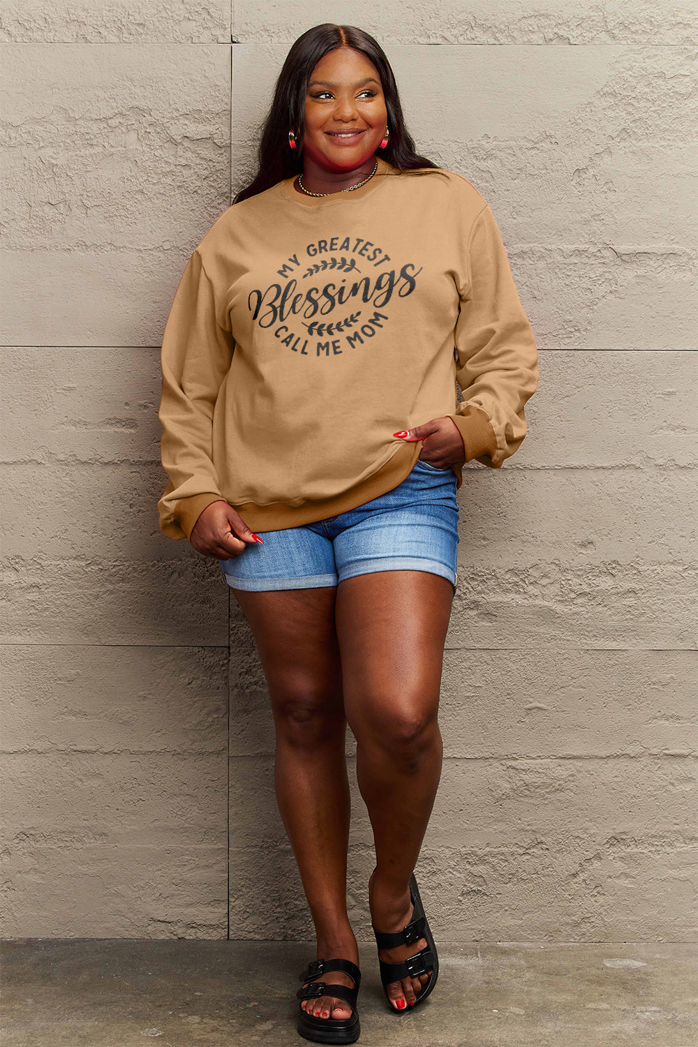 Simply Love Full Size MY GREATEST BLESSINGS CALL ME MOM Round Neck Sweatshirt 