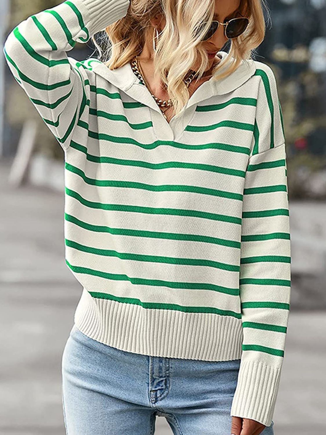 Striped Collared Neck Knit Top 