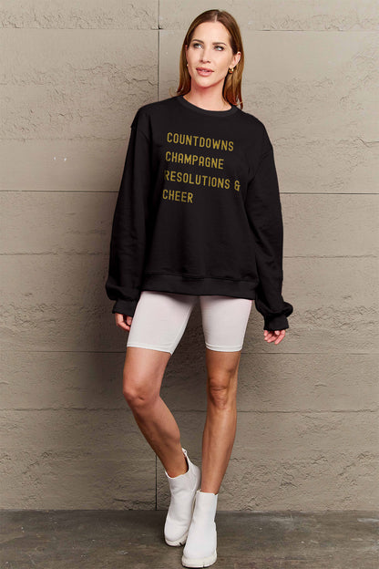 Simply Love Full Size COUNTDOWNS CHAMPAGNE RESOLUTIONS & CHEER Round Neck Sweatshirt 