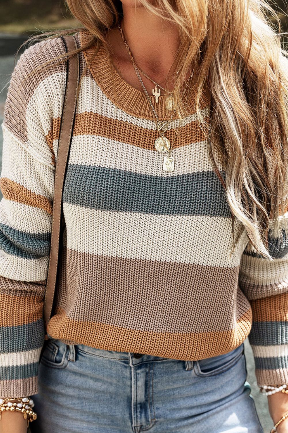 Striped Round Neck Dropped Shoulder Sweater 