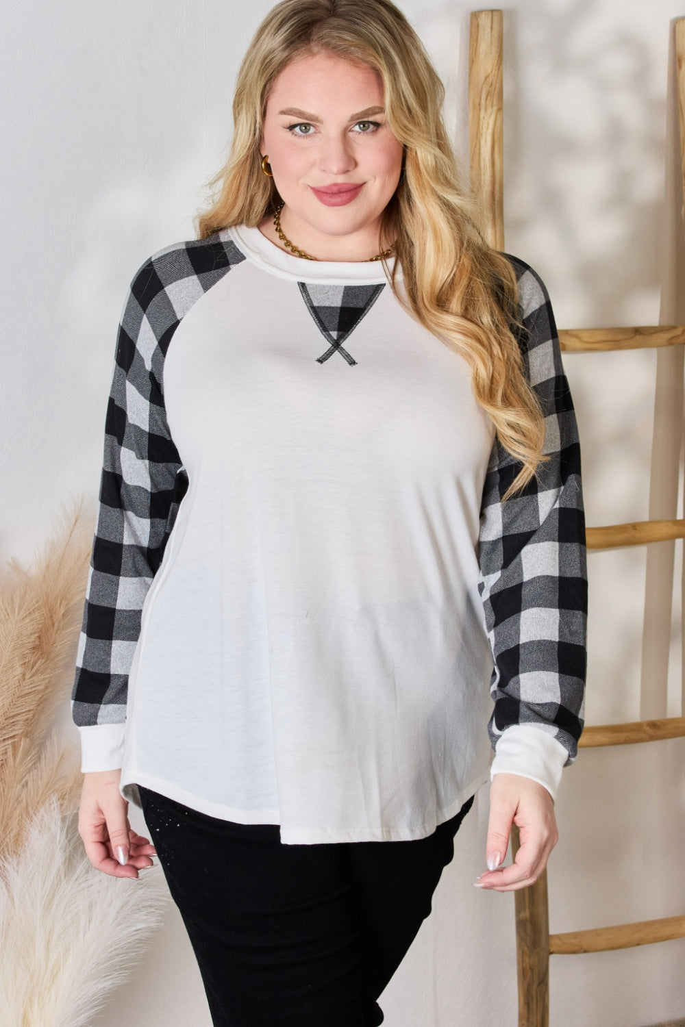 Hailey & Co Full Size Plaid Raglan Sleeve Round Neck Blouse 