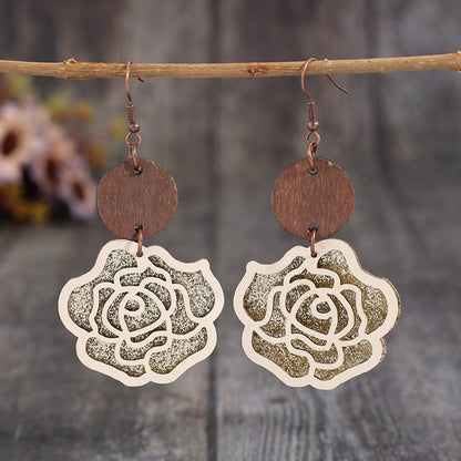 Wooden Alloy Rose Shape Dangle Earrings 