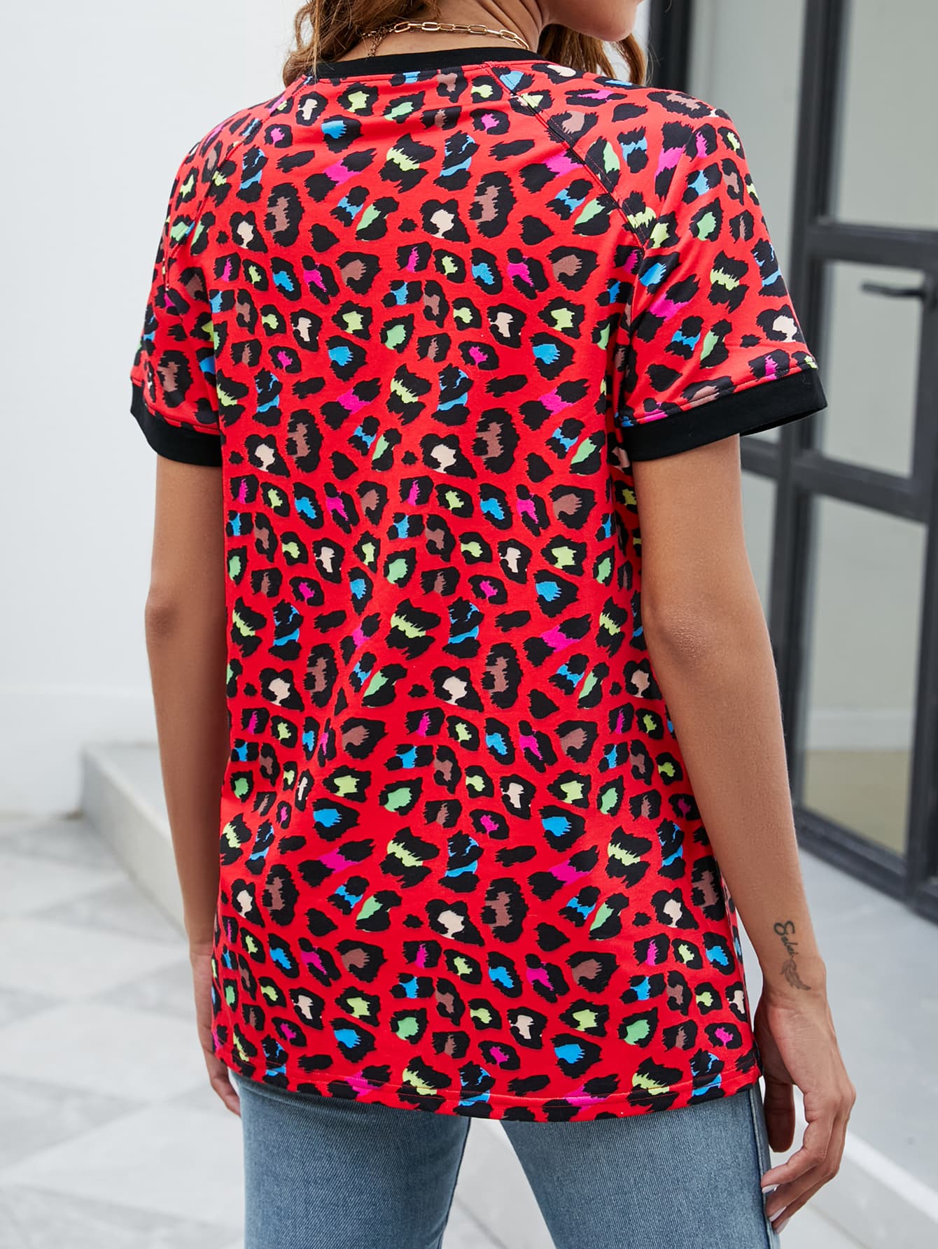 Leopard Round Neck Short Sleeve Tee Shirt 