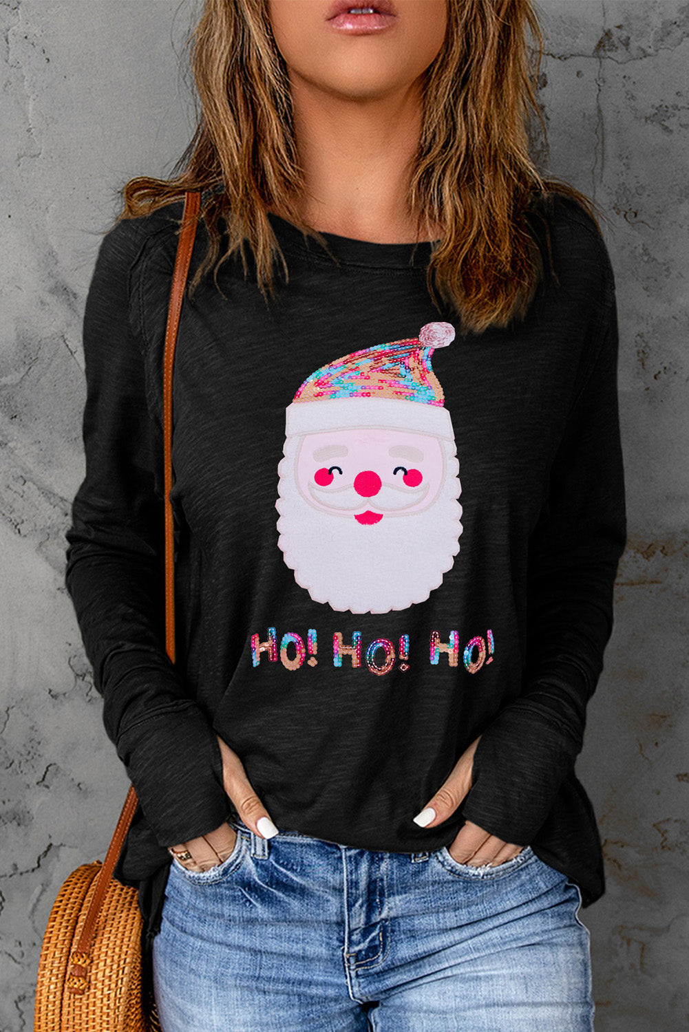 Sequin Santa Round Neck Long Sleeve T-Shirt 