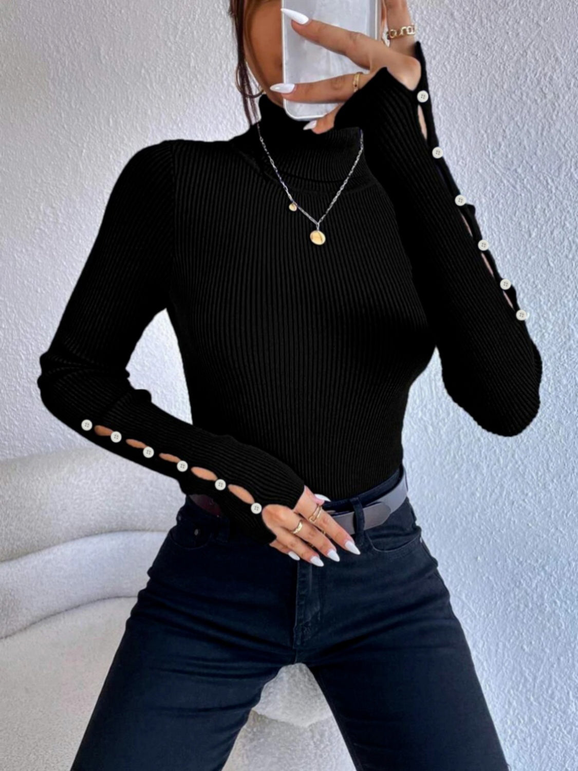 Cutout Turtleneck Rib-Knit Top 