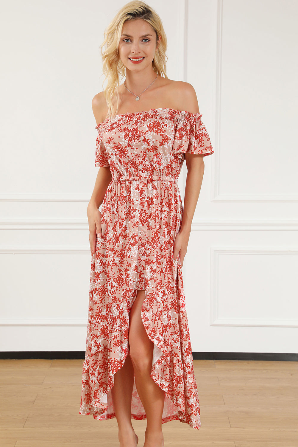 Smocked Off-Shoulder Ruffle Hem Dress 