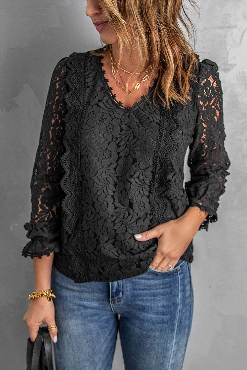 Lace Crochet V-Neck Flounce Sleeve Top 