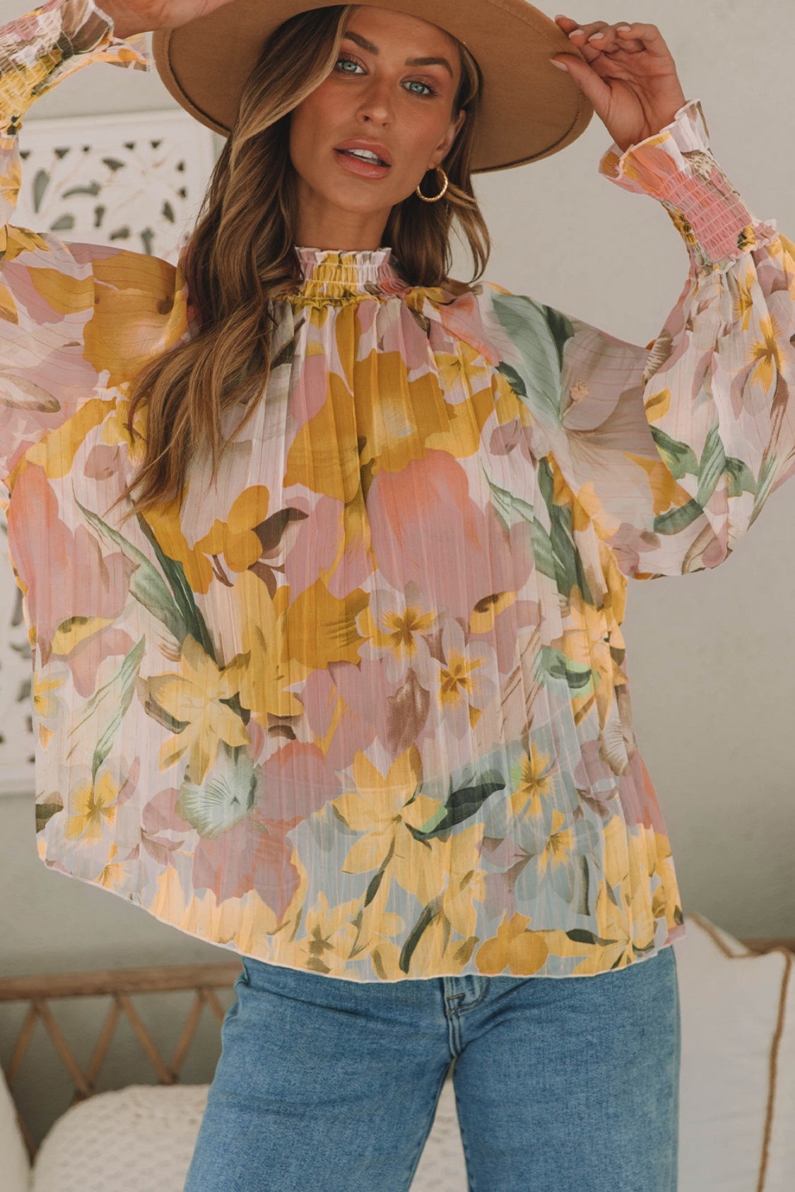 Floral Smocked Mock Neck Pleated Blouse 