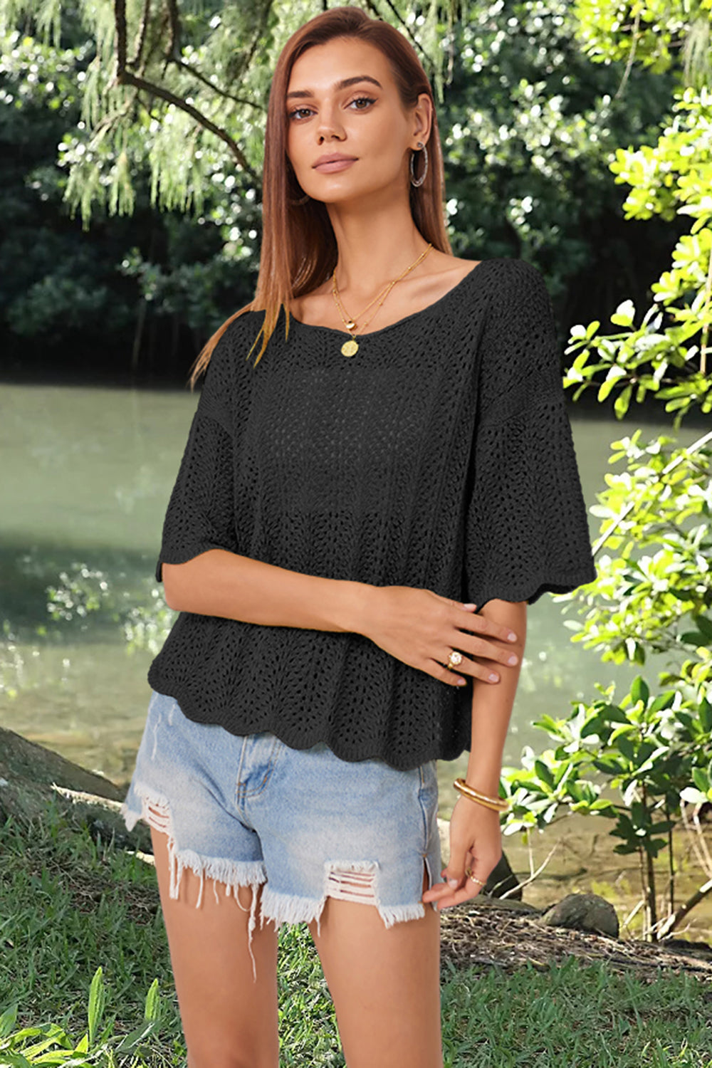 Openwork Round Neck Half Sleeve Knit Top 