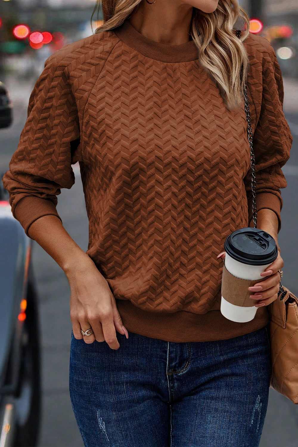 Texture Round Neck Long Sleeve Sweatshirt - Babbazon Tops