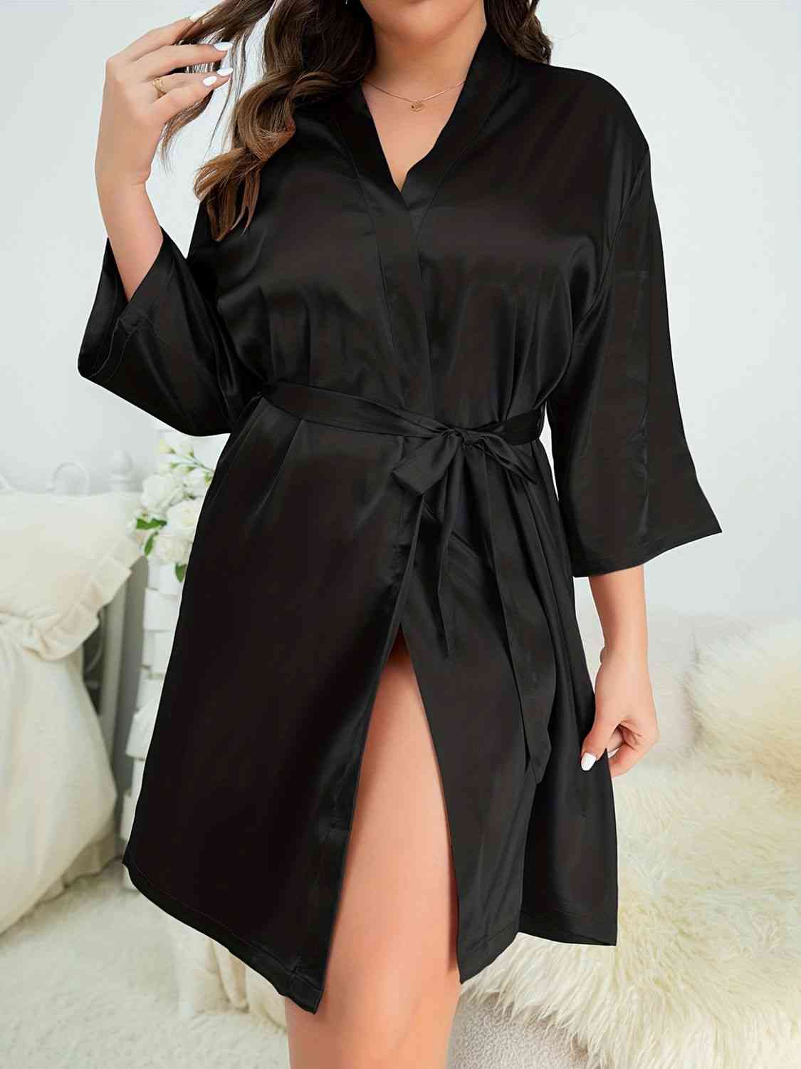 Plus Size Surplice Neck Tie Waist Robe - Babbazon loungewear