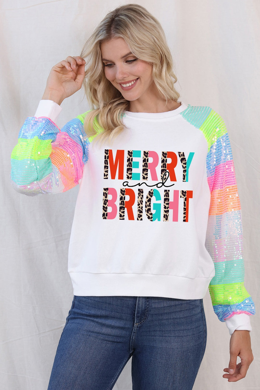 MERRY AND BRIGHT Sequin Long Sleeve Sweatshirt 