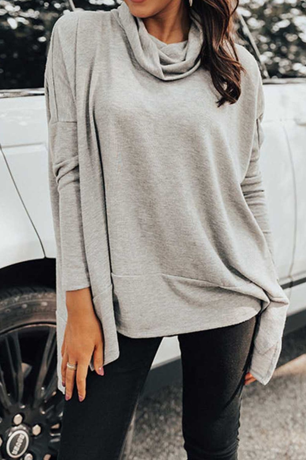 Cowl Neck Long Sleeve Slit Blouse - Babbazon Tops