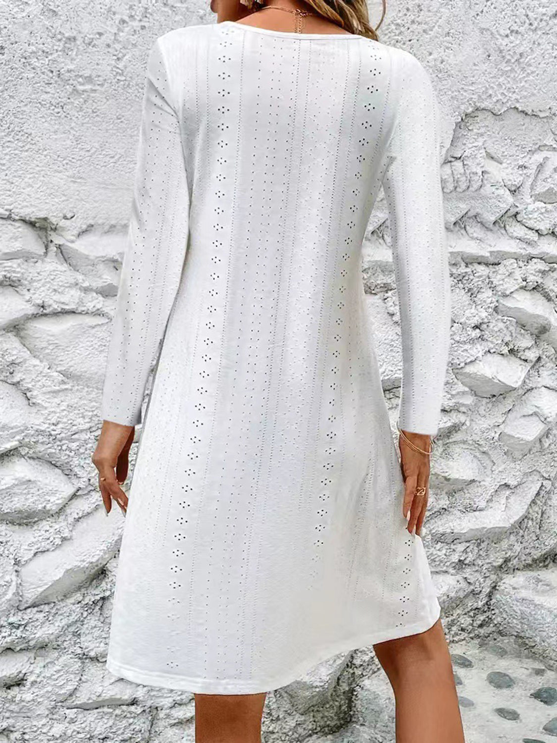 Eyelet V-Neck Long Sleeve Mini Dress 