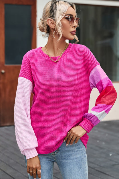 Color Block Waffle-Knit Blouse 