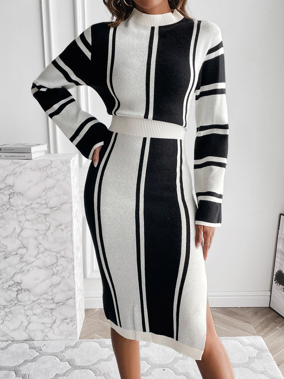 Slit Striped Mock Neck Sweater Dress 