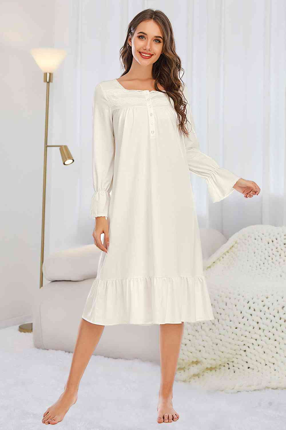 Flounce Sleeve Ruffle Hem Night Dress 