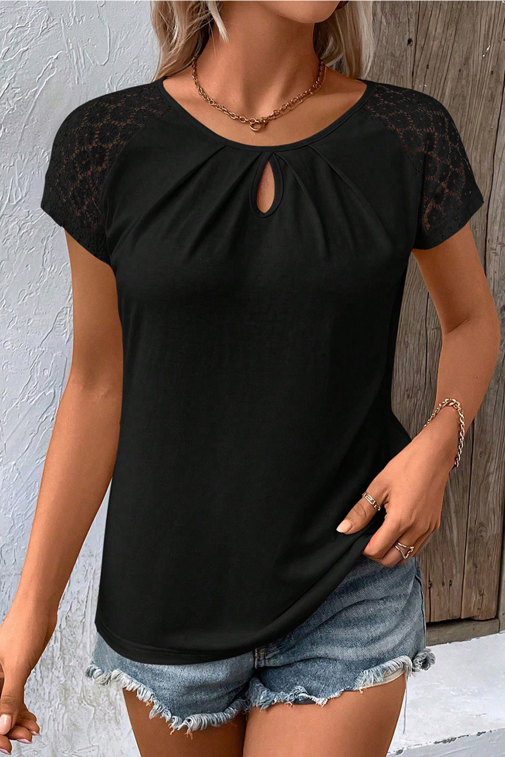 Cutout Round Neck Lace Short Sleeve T-Shirt - Babbazon Women's Tops