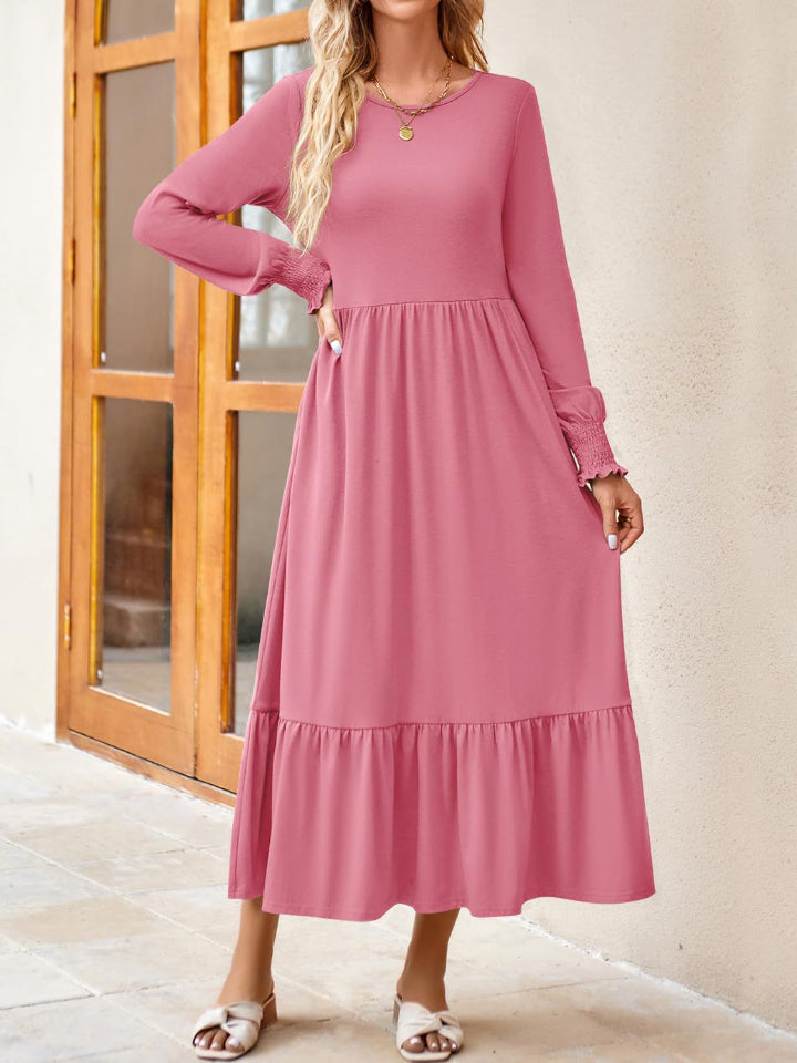 Round Neck Lantern Sleeve Ruffle Hem Dress - Babbazon Midi Dress