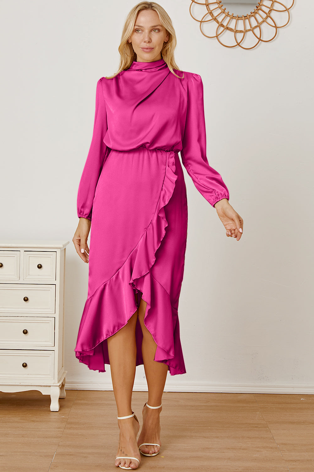 Mock Neck Ruffled Asymmetrical Dress - Babbazon Midi Dress