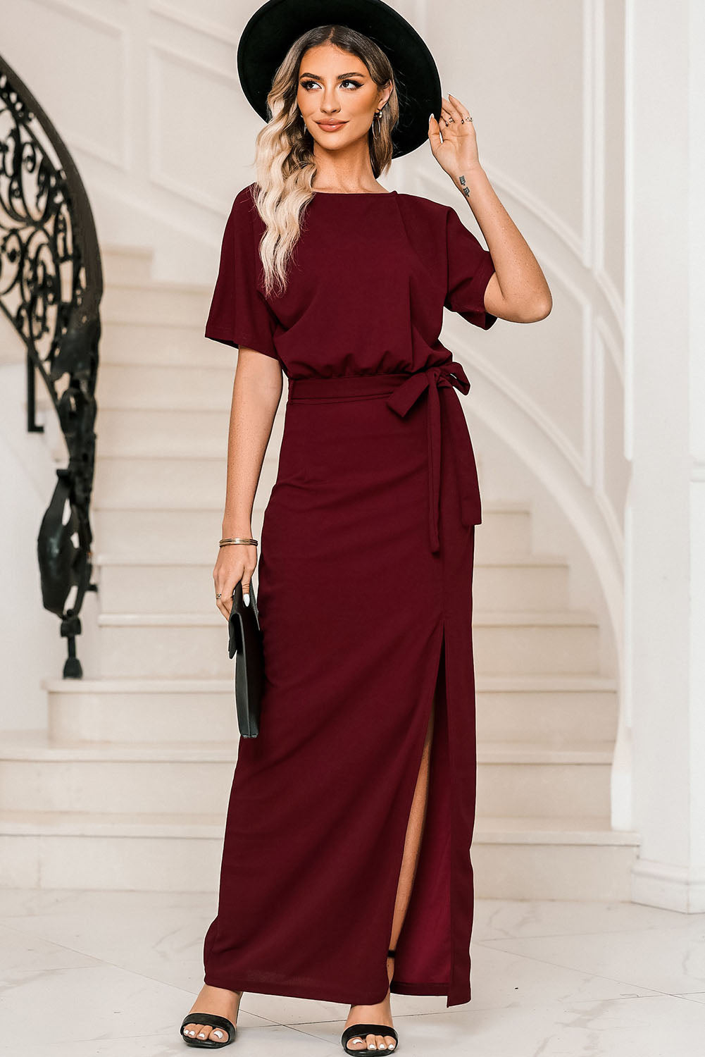 Belted Split Round Neck Dress 