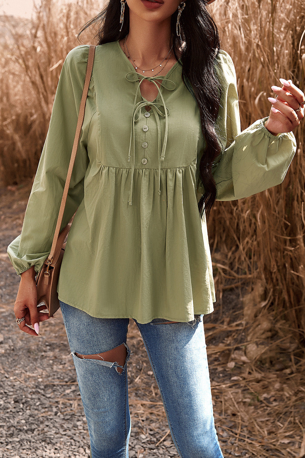 Tied Decorative Button Balloon Sleeve Blouse