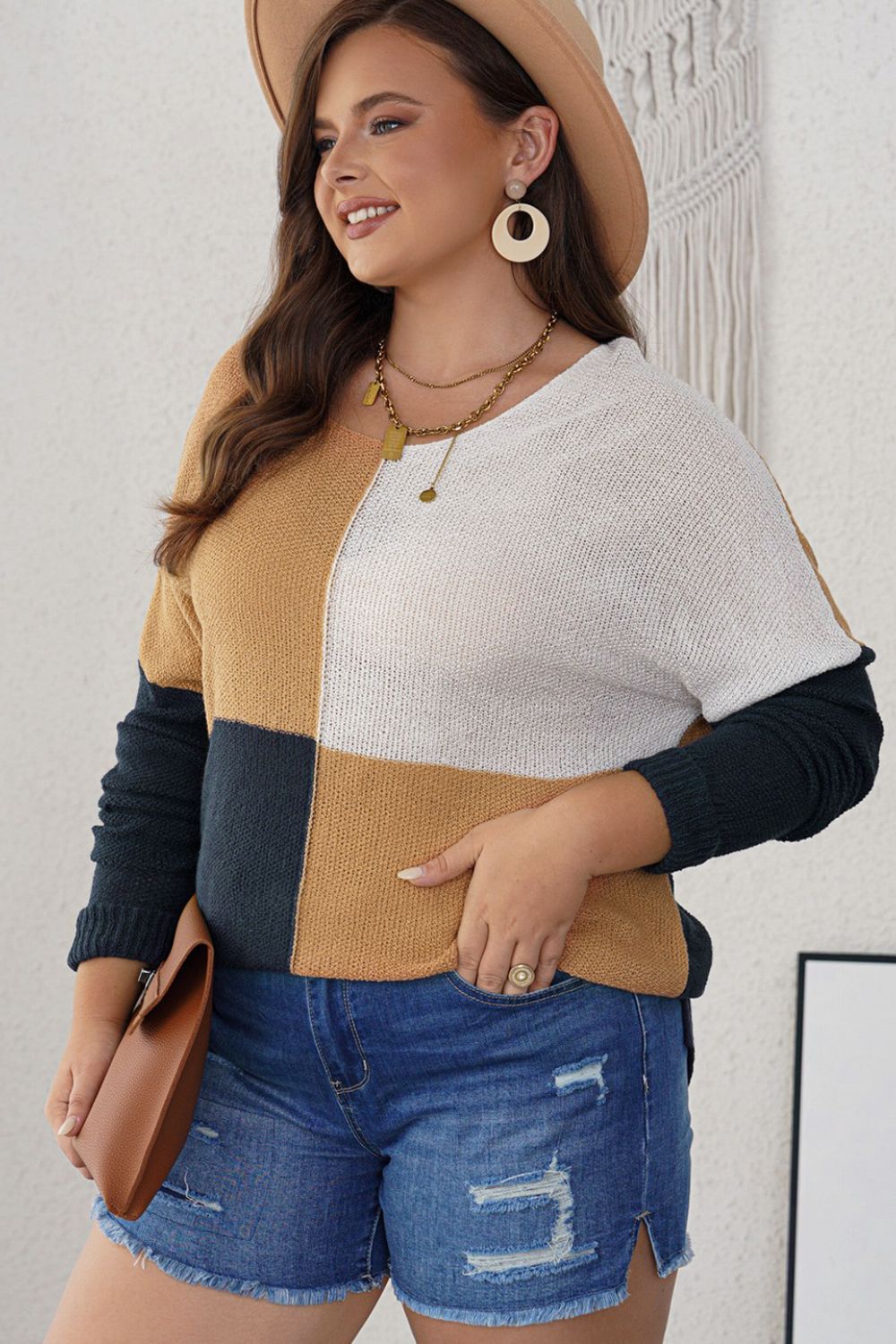 Plus Size Color Block Round Neck Sweater 