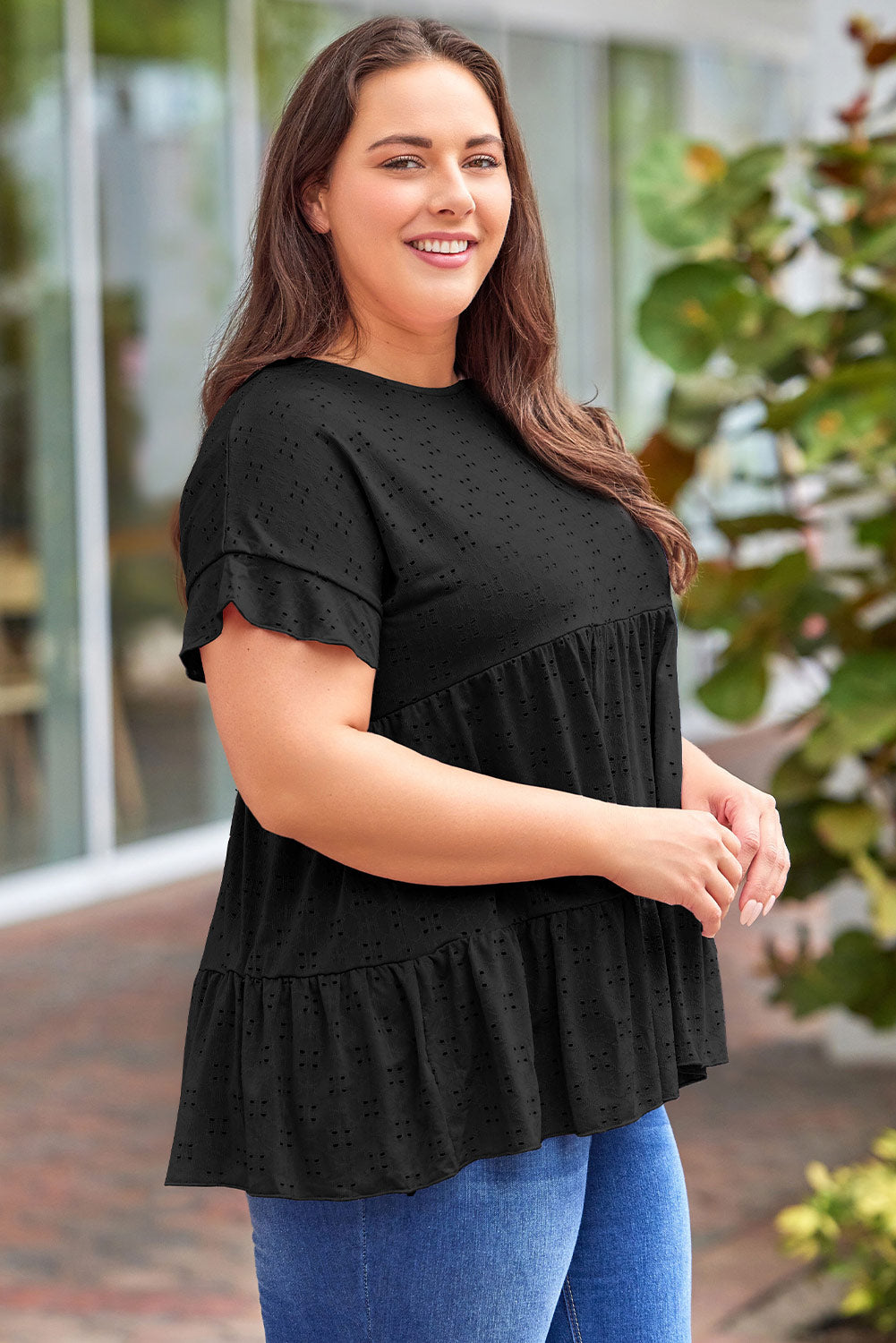 Plus Size Eyelet Round Neck Short Sleeve Blouse - Babbazon Camisole