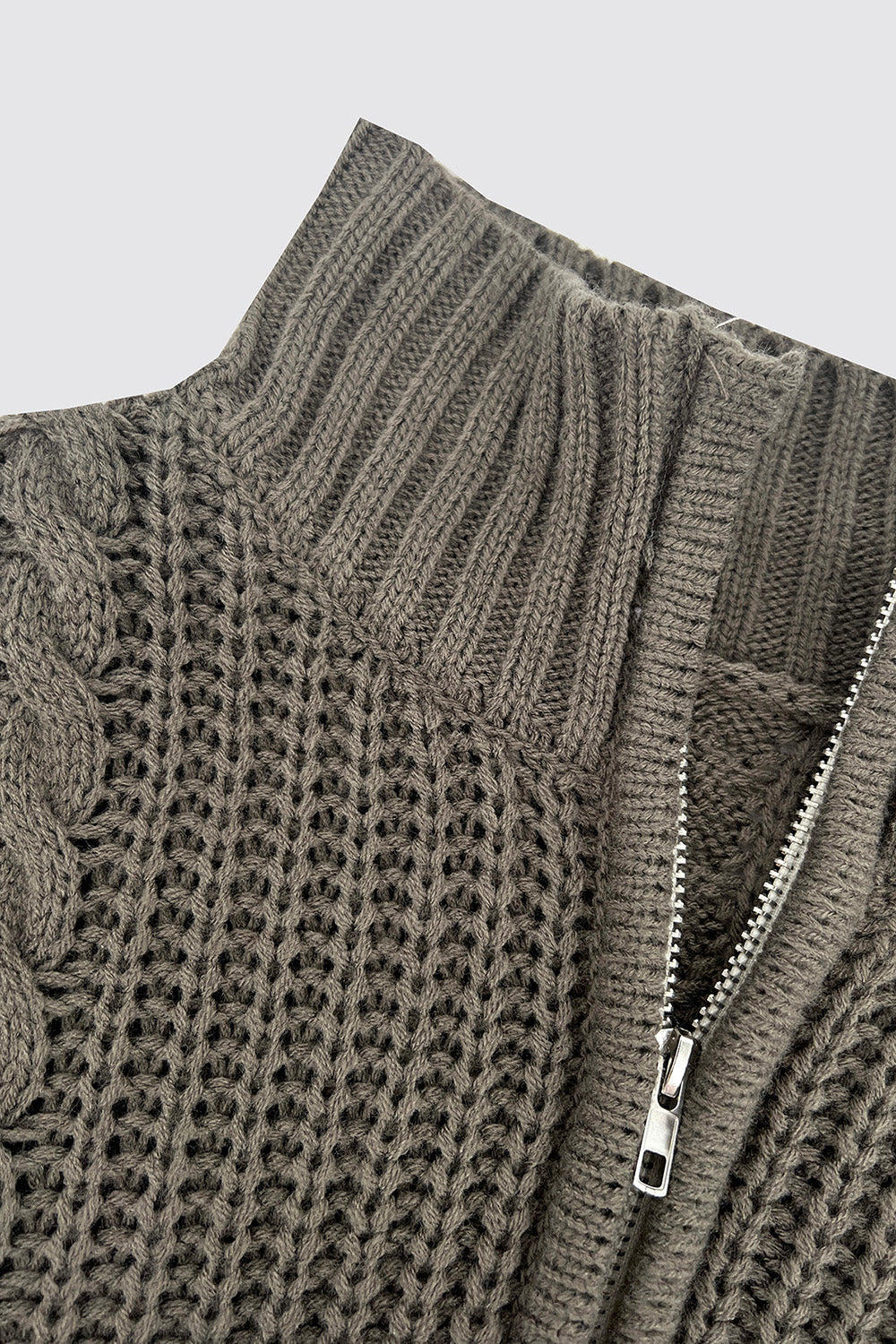 Cable-Knit Striped Quarter Zip Turtleneck Sweater 