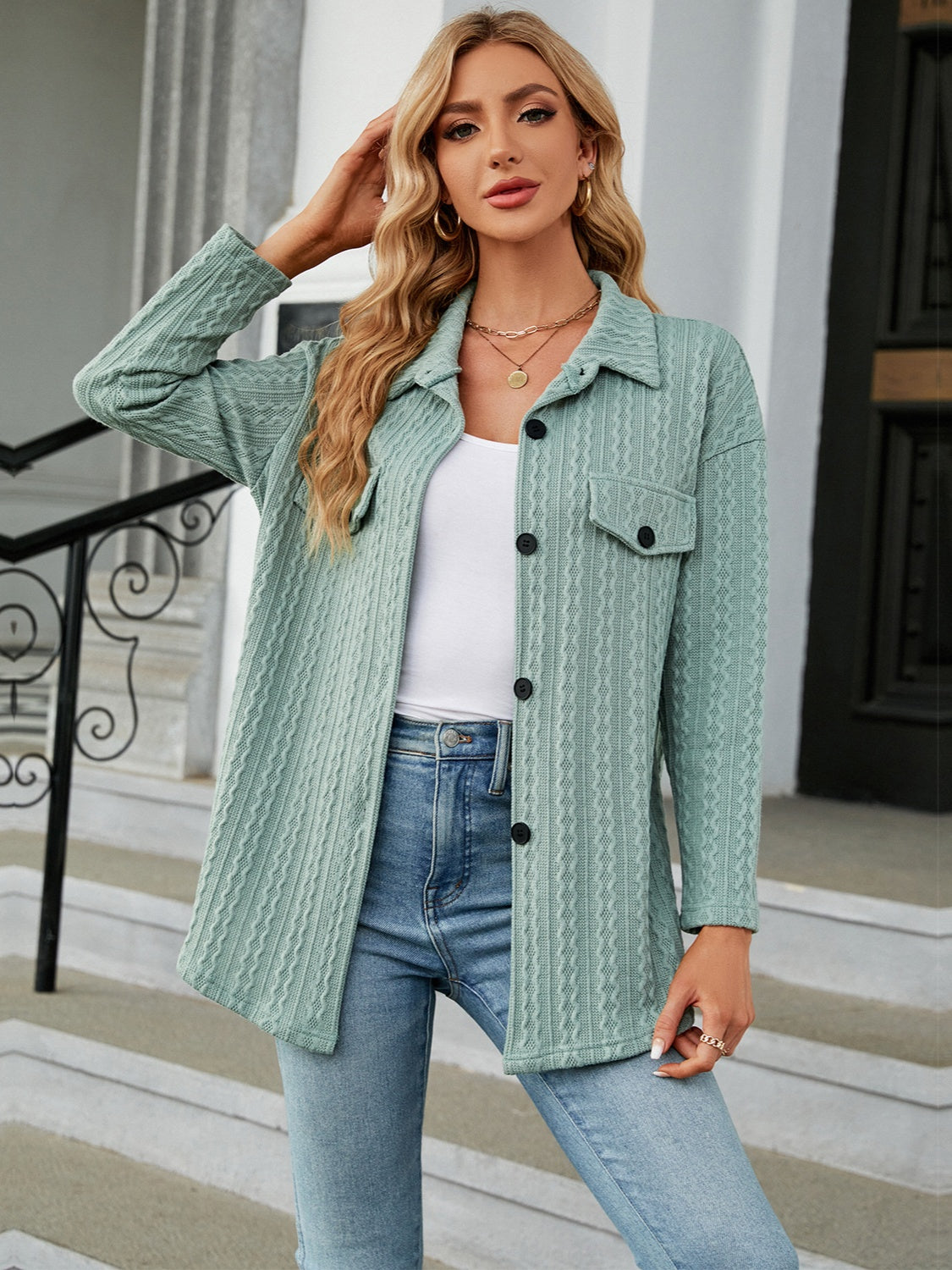 Textured Button Up Dropped Shoulder Shirt 