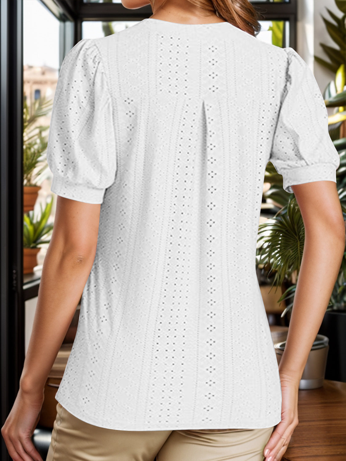 Eyelet Notched Short Sleeve Blouse 