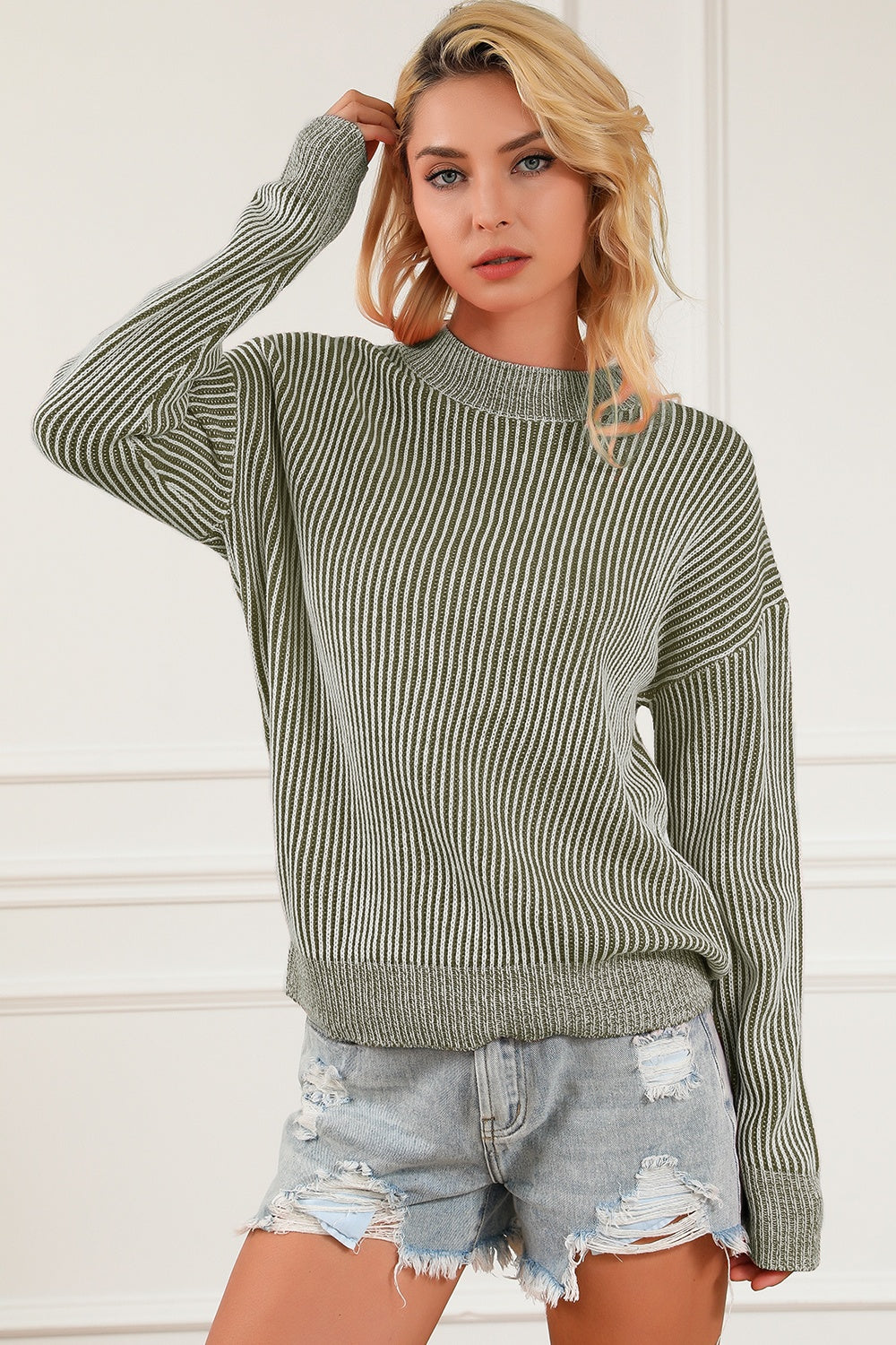 Striped Mock Neck Dropped Shoulder Sweater 