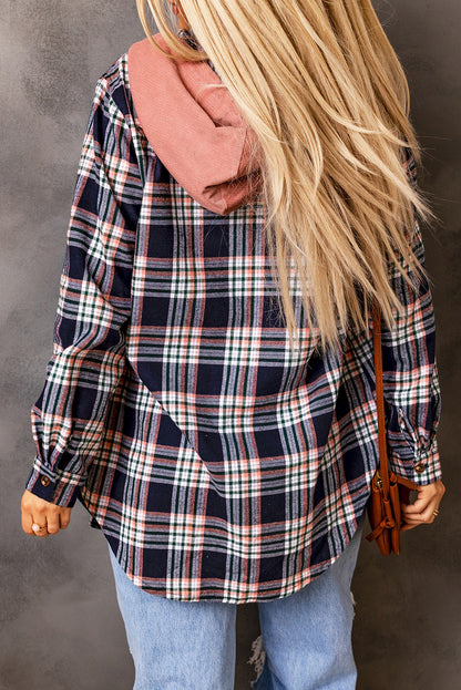 Plaid Drawstring Hooded Jacket with Pockets 