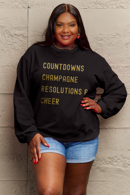 Simply Love Full Size COUNTDOWNS CHAMPAGNE RESOLUTIONS & CHEER Round Neck Sweatshirt 