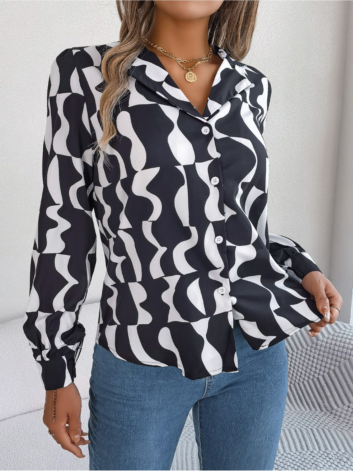 Printed Button Up Long Sleeve Shirt 