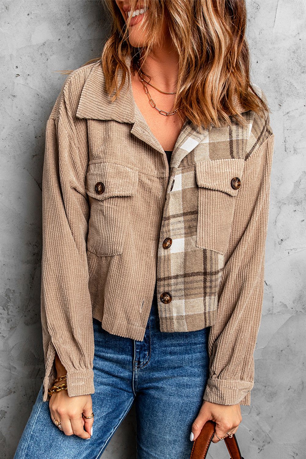 Plaid Corduroy Dropped Shoulder Jacket 