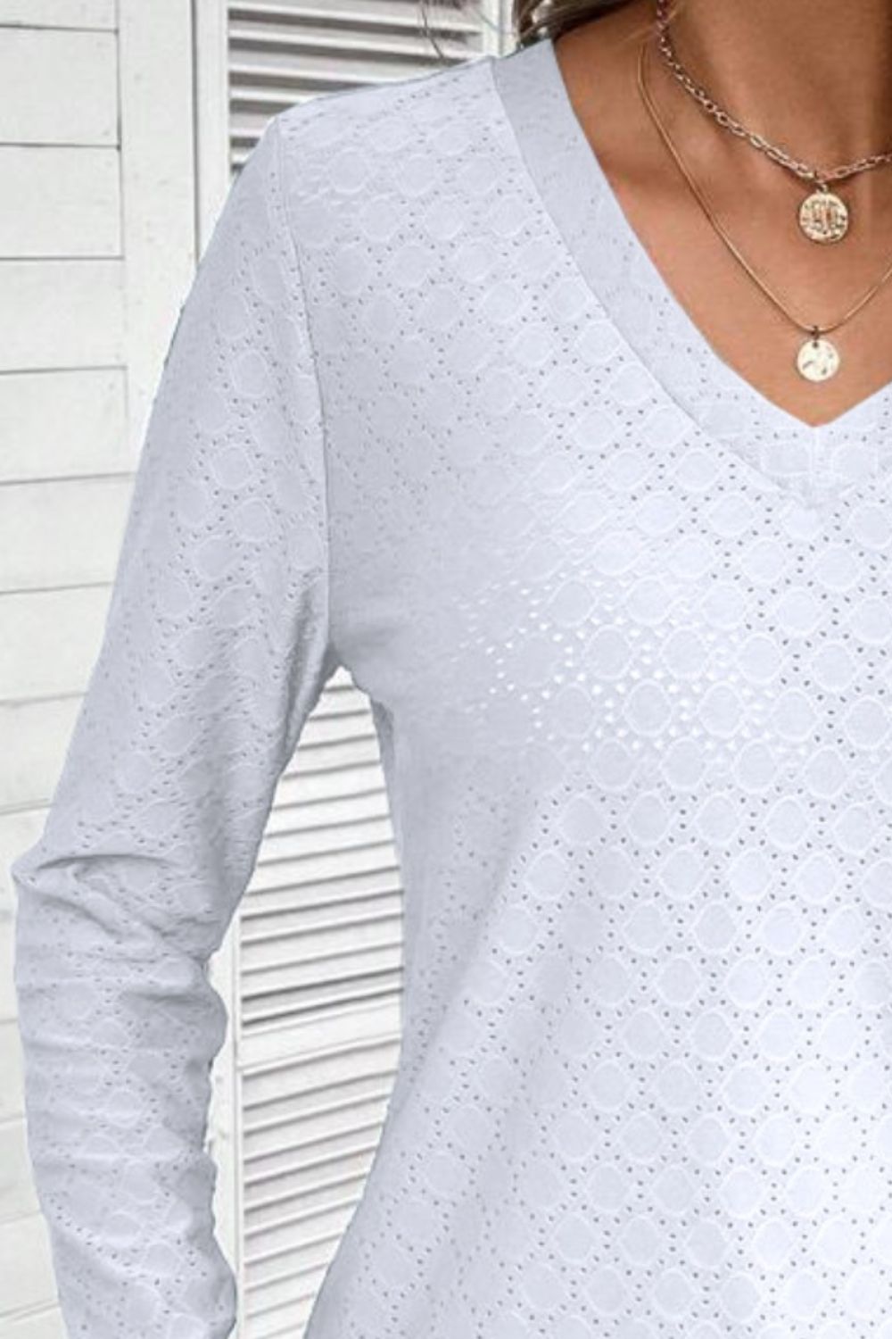 Eyelet V-Neck Long Sleeve T-Shirt 