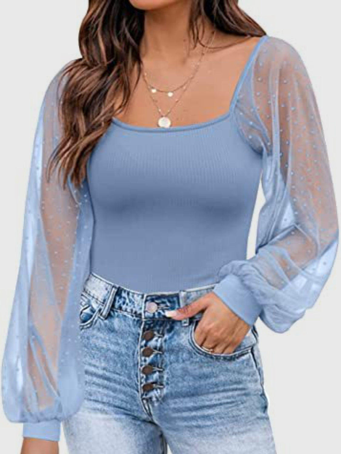 Polka Dot Square Neck Lantern Sleeve Blouse - Babbazon Camisole