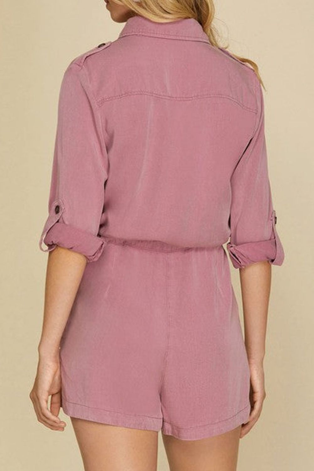 Collared Neck Drawstring Roll-Tab Sleeve Romper 