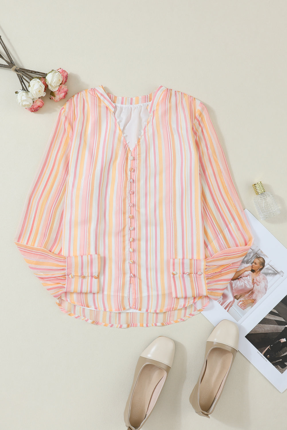 Striped Notched Long Sleeve Blouse 