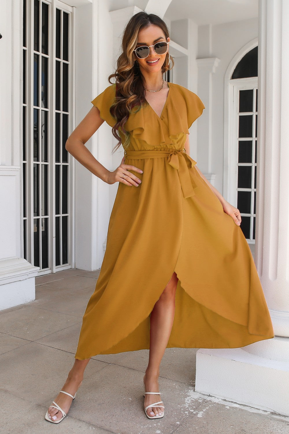 Ruffled Surplice Tie Waist Slit Midi Dress 