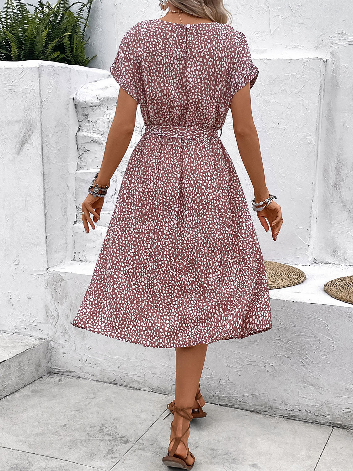 Printed Round Neck Short Sleeve Dress 