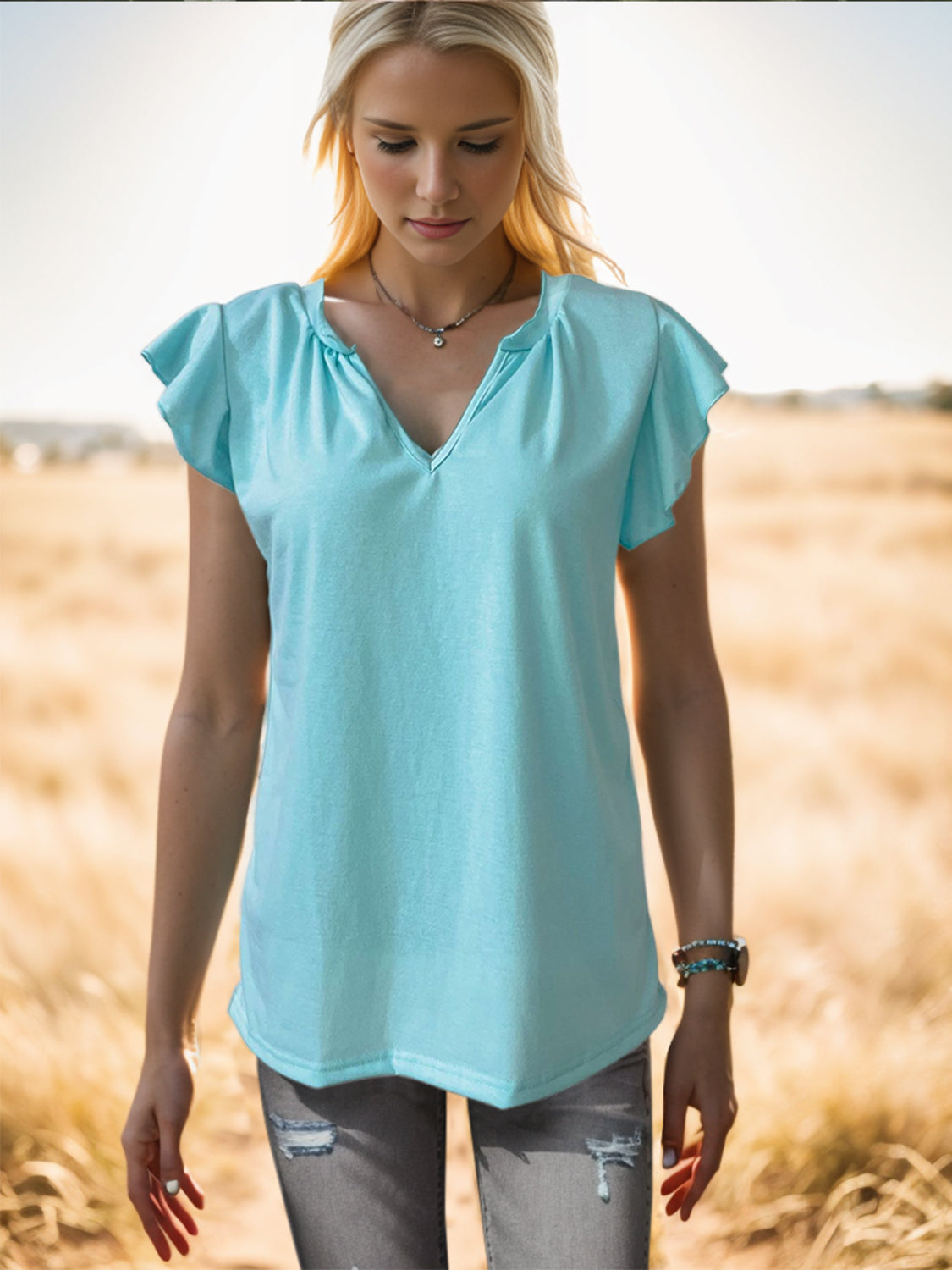 Ruffled Notched Cap Sleeve Tank 