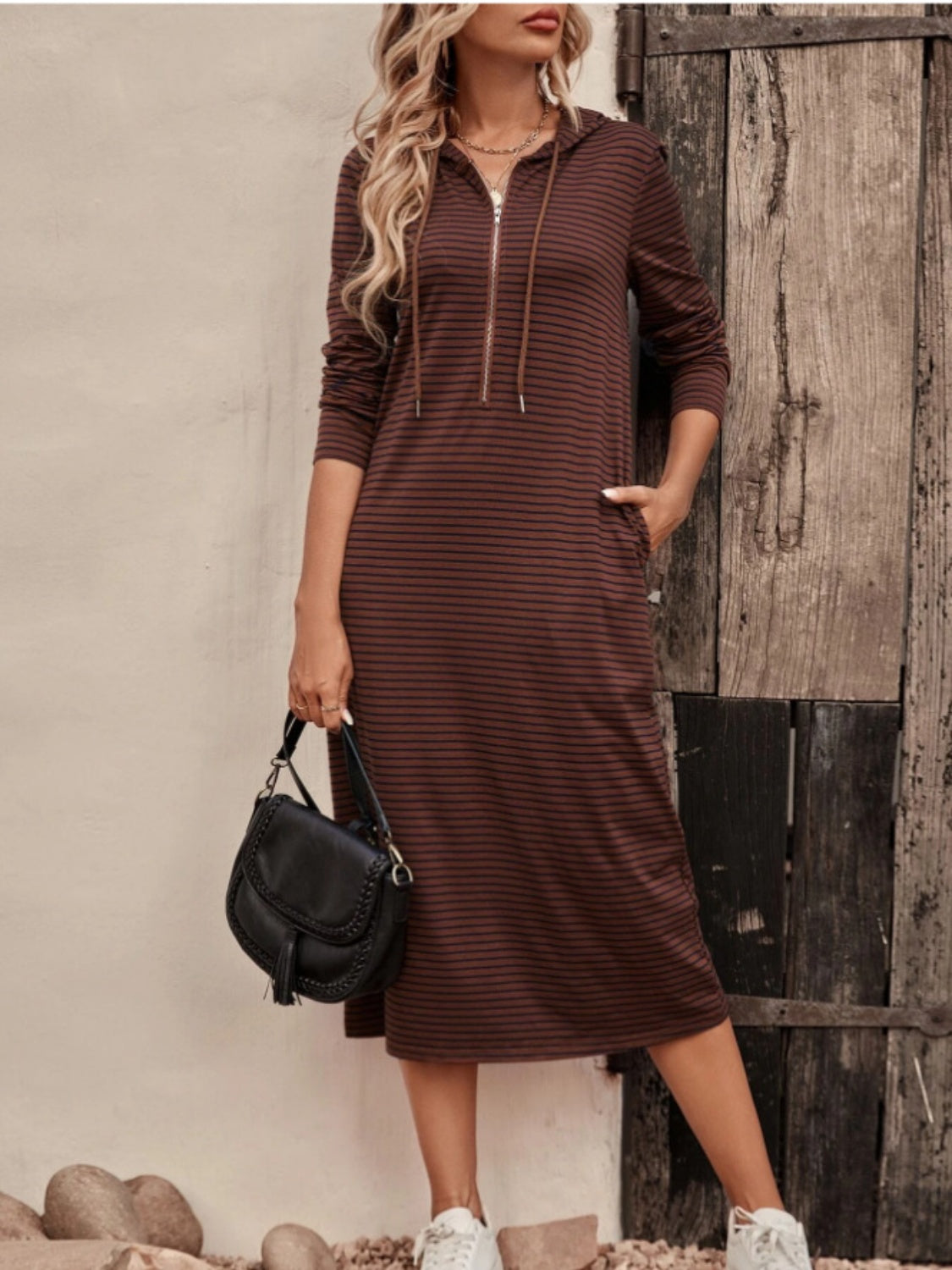 Striped Zip Front Hooded Dress 